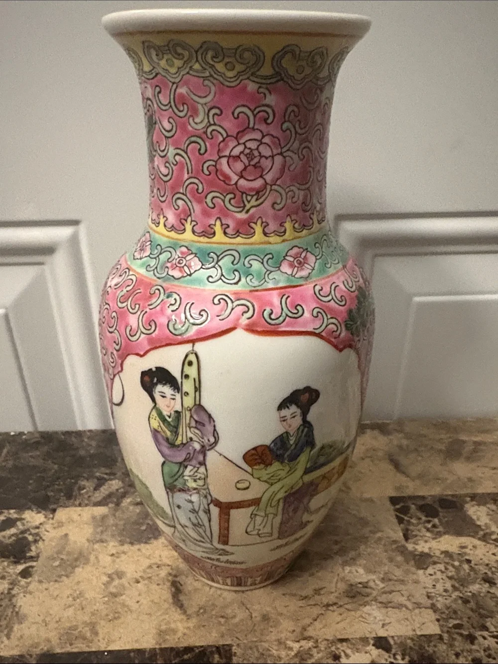 Vintage Porcelain Decorative Vase in Pink and Green